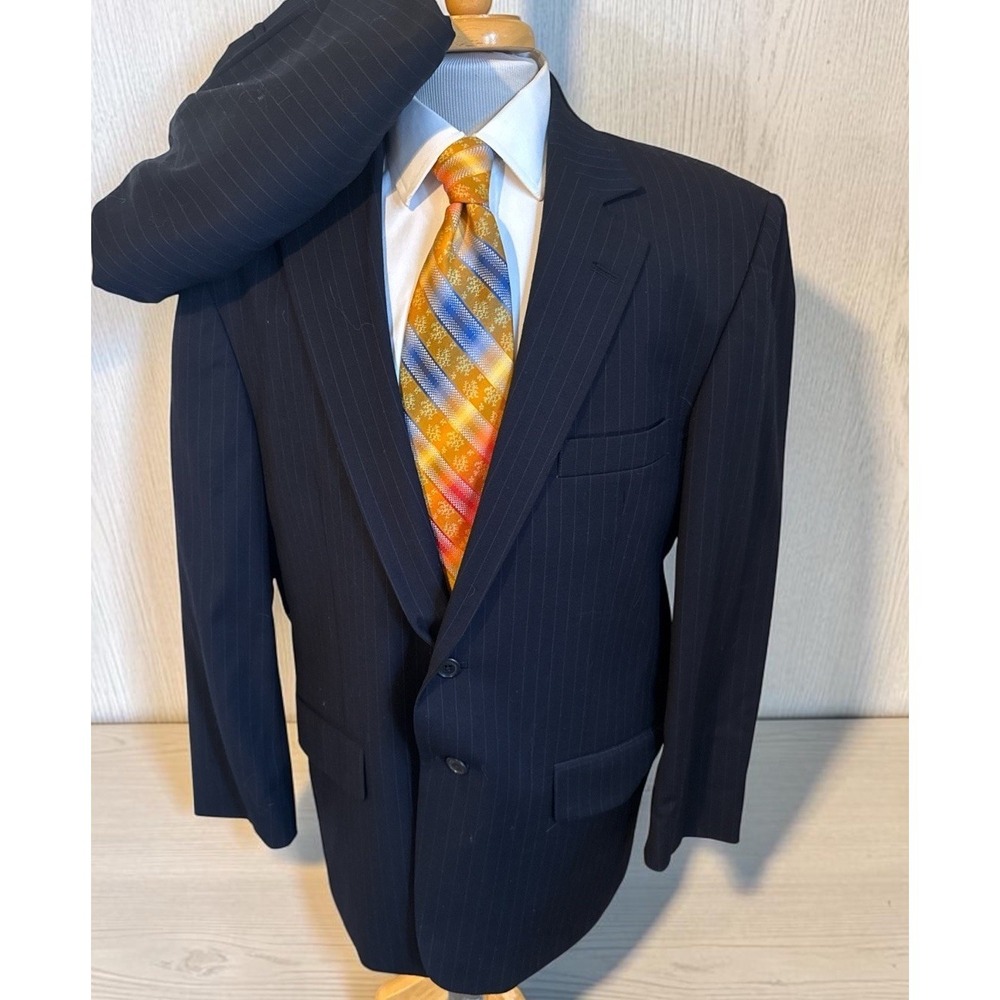 Hardwick Clothes 2 Piece Wool Suit Sz 44S Pants 38 x 27 Blue Pin Stripe USA Made